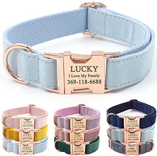 PETDURO Custom Dog Collar Personalized with Name Engraved Quick Release Rose Gold Metal Buckle for Large Medium Small Girl Dogs - Dog Leash and Bow Tie Available - Soft Comfy Velvet (Light Blue, L)