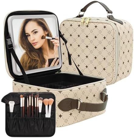 Travel Makeup Bag With 360° rotating LED Mirror,Waterproof cosmetic organizer,Portability Cosmetic case,Makeup organizer,Gift for Women,Girls Gift (Beige + Brown)