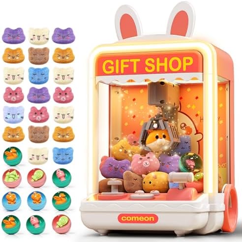 Kids Claw Machine, Mini Candy Vending Grabber, Prize Dispenser Toys for Girls and Boys, Electronic Claw Game Machine for Party Birthdays with Lights Sound, Includes 20 Plush and 10 Mini Toys