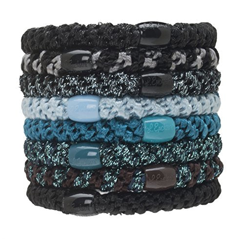 L. Erickson Grab & Go Pony - Blue Tide - 8 Pack Ponytail Holder Hair Ties - Mixed Teal and Black