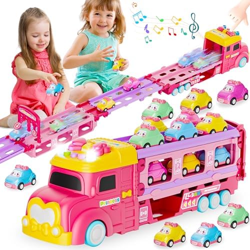 Car Toys for Age 2 3 4 5 6 7 Year Girl Toddler, Foldable Track & 2 Player Race Mode Game, Light & Sound Push Transport Carrier Truck W/ 6 Princess Car, Birthday Gift Idea for Kid
