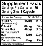 Vital Health Remedies Iron+ with Vitamin C, FOLIC Acid, B-12 & ZINC Preservative-Free, Gentle and Non-constipating Formulated for Maximum Absorption. 30 Veggie caps