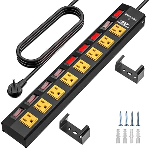 CRST 8 Outlet Heavy Duty Power Strip with Individual Switches, 15A/1875W Metal Power Strip Surge Protector with Circuit Breaker (1200 Joules), 6 FT 14AWG Extension Cord and Mounting Bracket