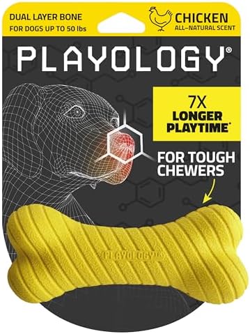 Playology Dual Layer Bone | Engaging All Natural Chicken Scented Dog Toy, Yellow Bone for Medium Dogs up to 50lbs | Interactive & Durable for Tough Chewers