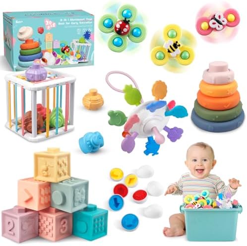 6 in 1 Baby Toys 6 to 12 Months, Montessori Toy for Toddlers 1-3, Infant Teething Babies Toy Stacking Blocks Rings Pull String Toy Sorter Sensory Bin