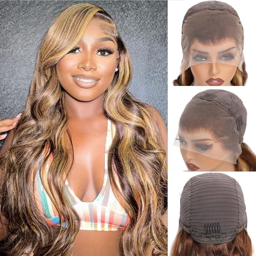 Aaliweya Highlight Lace Front Wigs Human Hair 4/27 Ombre 13x4 Body Wave Lace Frontal Wig for Women 180% Density Glueless Honey Blonde Wig Full and Thick Super Soft 26 inch