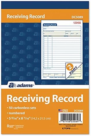 Adams Receiving Record Book, 2-Part, Carbonless, 5-9/16 x 8-7/16 Inches, 50 Sets per Book (DC5089) , White