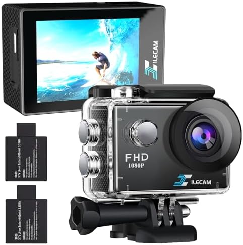 Action Camera 1080P 30fps Sports Camera 40m/131ft Underwater Waterproof with 2 Batteries and Multi-Function Accessory