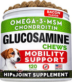 Glucosamine Treats for Dogs - Joint Supplement w/Omega-3 Fish Oil - Chondroitin, MSM - Advanced Mobility Chews - Joint Pain Relief - Hip & Joint Care - Bacon Flavor - 120 Ct - Made in USA