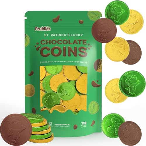 Saint Patrick's Day 100 Shamrock Leprechaun Chocolate Green and Gold Coins, Premium Belgian Nut-Free Milk Chocolate, Kosher Resealable Bag (100-Pack)