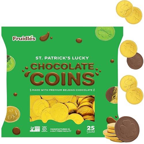 St. Patrick's Day 25 Chocolate Coins Gold Shamrock Coins Foils, Belgian Milk Chocolate Clover Coins Bag Nut-Free (25-Pack)