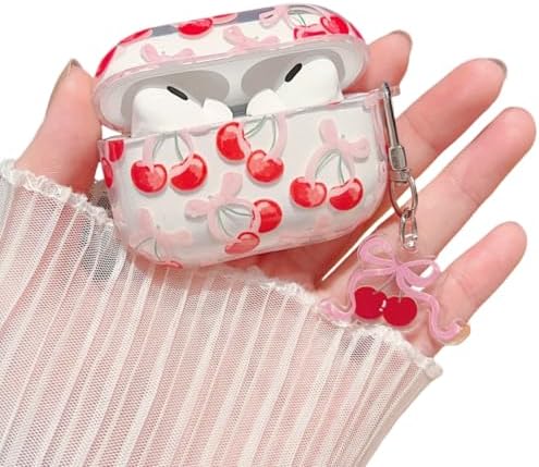 MINSCOSE Compatible with AirPods Pro 2 Clear Case,Cute Cherry Bow Pretty Aesthetic Design with Keychain,Soft TPU Protective Shockproof Case for Women Girl for AirPods Pro 2-Red