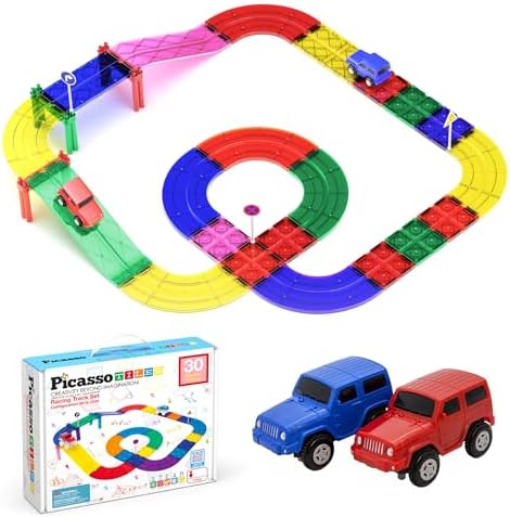 PicassoTiles Magnetic Race Track Toys Car Tracks Set for Toddlers Magnet Building Blocks Tiles Sensory Toys for Kids Include 2 Trucks STEM Engage in Thrilling Races Age 3+ Year Old Boys Girls