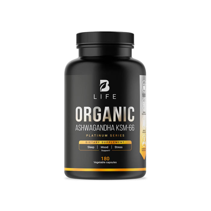 B Life Vegan Pure Organic Ashwagandha Powder KSM-66 Extract and Organic Black Pepper | 180 Caps - 90 Days | Stress Support, Mood Enhancer | Made in The USA.