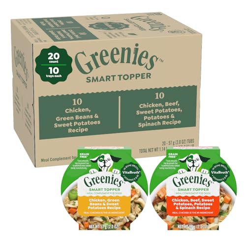 Greenies Smart Topper High Protein Wet Mix-in for Dogs, Chicken, Green Beans, and Sweet Potatoes Recipe & Chicken, Beef, Sweet Potato & Spinach Recipe Variety Pack, 20 Trays of 2oz.