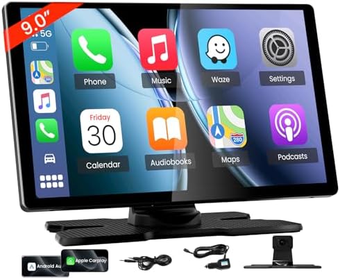 9" Wireless Carplay Screen for Car, Portable Car Stereo with Apple Carplay & Android Auto, Car Audio Receivers with BGPS Navigation, Mirror Link, Screen for All Vehicles (No Camera)