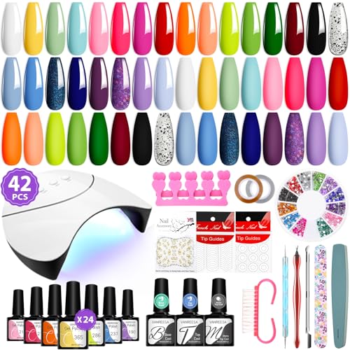 VANREESA 42 Pcs Gel Nail Polish Kit with U V Light 24 Colors Gel Nail Polish Set Bright Pink Orange Green Glitter Blue Purple Gel Polish Gel Nail Kit for Beginners Gifts for Women DIY at Home