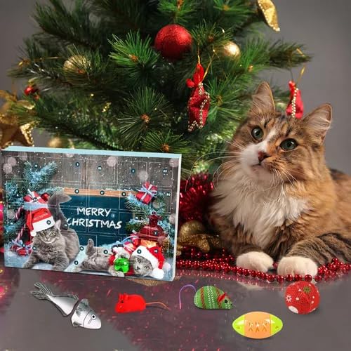 2024 New Cat Advent Calendar,24 Days Countdown to Christmas Advent Calendar Gifts,24 PCS Cat Feather Teaser and Ball Bells for Kitten Toys,Kitten Interactive Play for Cat Lovers