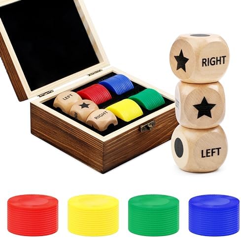 Left Right Center Dice Game Set, Include 3 1-inch Wooden Dices and 48 Pcs Chips in Wooden Box, Easy to Store and Carry Around for Travel