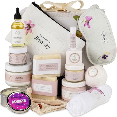 Lizush Luxury Spa Gifts for Women - 15 Piece Lavender Gift Baskets for Women, Body Care Set for Mom, Birthday Box, Self Care Spa Kit For Wife - Handmade In The USA