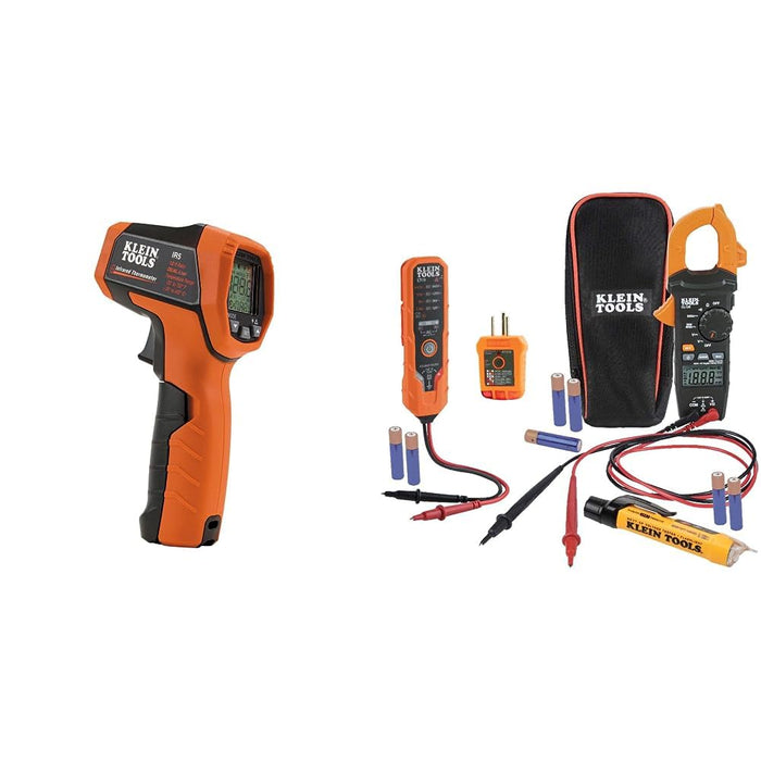 Klein Tools IR5 Dual Laser 12:1 Infrared Thermometer Digital Backlit & CL120VP Electrical Voltage Test Kit with Clamp Meter, Three Testers, Test Leads, Pouch and Batteries