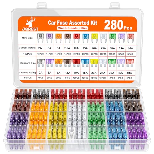 JOREST 280 Pcs Fuse Kit,182 Mini Car Fuses Assortment + 98 Standard Auto Blade Fuse, Replacement for Automtive RV Motorcycle Truck (2A 3A 5A 7.5A 10A 15A 20A 25A 30A 35A 40AMP)