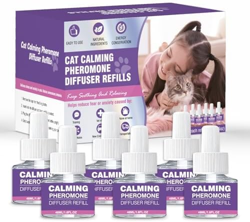 Cat Pheromones Calming Diffuser Refill 6 Pack Multicat Pheromone Diffusers Refills Relieve Anxiety Stress Reduce Spraying Fighting and Scratching for Cats Calm 48ml Fit All Common Diffusers Plug In