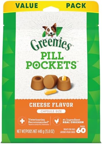 Greenies Pill Pockets for Dogs Capsule Size Natural Soft Dog Treats, Cheese Flavor, 15.8 oz. Pouch (60 Treats)