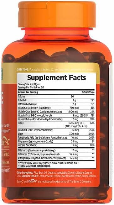 Nature Bounty Vitamin C 24 Hour Daily Immune Support with Zinc and Vitamin D, Upper Respiratory Support, Ester Vitamin C 1000mg Capsules (Softgels), 120 Count