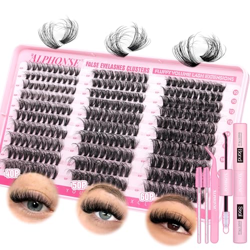 Fluffy Lash Extension Kit 300pcs DIY Lash Clusters Kit 40D+50D+60D Wispy Cluster Eyelash Extensions 10-18mm Individual Lashes Kit with Lash Bond and Seal and Tweezers by ALPHONSE