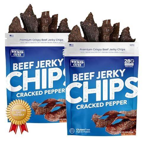 Wicked Cutz Cracked Pepper Beef Jerky Chips, Thin, Crispy, Crunchy Beef Jerky Crisps with 28G Protein Per Bag & Only 4 Ingredients, Carnivore Diet Snacks, Healthy Snacks for Adults, 1.25oz Each (2 Bags)
