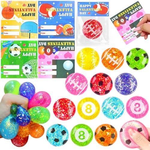 Stress Balls for Kids Adults, 28 Pack Glitter Sports Stress Balls Fidget Toys Adults Anxiety Stress Relief Squeeze Toys, Classroom Exchange Prize Party Favors Easter Valentines Christmas Birthday Gift