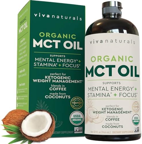 Viva Naturals Organic MCT Oil 32 fl oz - Best MCT Oil Organic for Coffee, MCT Coconut Oil Supports Energy & Mental Clarity, USDA Organic, Non-GMO, Paleo & Keto Certified, MCT Wellness
