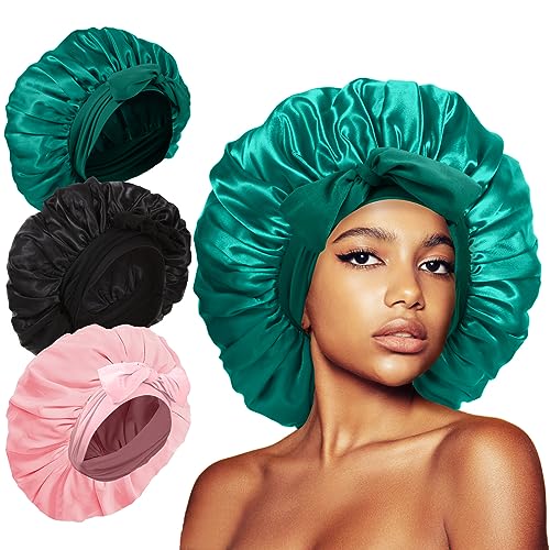 3Pcs Bonnet Silk Bonnet for Sleeping, Extra Large Satin Bonnet for Sleeping Hair Bonnets for Sleeping Black Curly Hair Women Jumbo Bonnet with Tie Band Braids Shower Cap