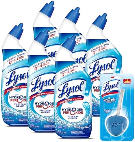 Lysol Bleach Free Hydrogen Peroxide Toilet Bowl Cleaner, Fresh, 24 Oz (Pack of 6) - With 1ct Auto In-The-Bowl Toilet Cleaner, Atlantic Fresh