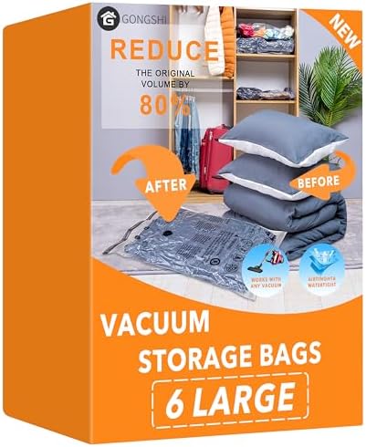 GONGSHI 6 Large Vacuum Storage Bags,Space Saver Sealer Compression Bags for Blankets, Comforters, Pillows, Clothes Storage
