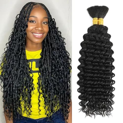 Deep Wave Bulk Human Hair for Braiding 110g 12A Brazilian Virgin Curly Human Hair Extensions for Boho Braids Human Hair 28 Inch Wet and Wavy Human Braiding Hair 2 Bundles/Pack Natural Color