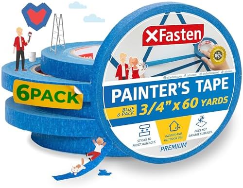 XFasten Blue Painters Tape 3/4 Inch Wide x 60 Yards 6-Pack, UV Residue-Free Blue Masking Tape for Clean Lines, Indoor and Outdoor Multi-Surface Use - Sharp Paint Lines for Walls, No Mess Easy Removal