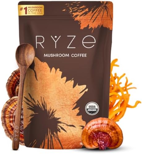 RYZE Mushroom Coffee | 6 Adaptogenic Mushrooms | USDA Organic | Instant Coffee | MCT Oil | USA Grown | Better Energy, Focus, Digestion, Immunity | Cordyceps, Lion’s Mane, Turkey Tail | 30 Servings