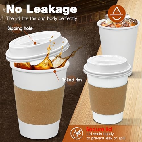 Ginkgo 100 Pack 12 oz Leak-Proof Coffee Cups with Lids and Sleeves Disposable To Go Hot Travel Paper Cups, Hot Chocolate, Cocoa, Coffee Bar Supplies
