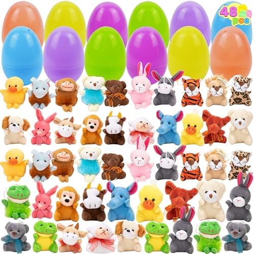 JOYIN 48 Pcs Prefilled Easter Eggs Filled with Plush Animal Toys for Easter Eggs Hunt, Basket Stuffers Fillers, Kids Party Favor, Classroom Prize Supplies