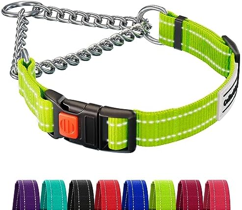 CollarDirect Martingale Dog Collar with Stainless Steel Chain and Quick Release Buckle - Reflective Collar for Large, Medium, Small Dogs - Lime Green, Medium (Neck Size 14"-17")