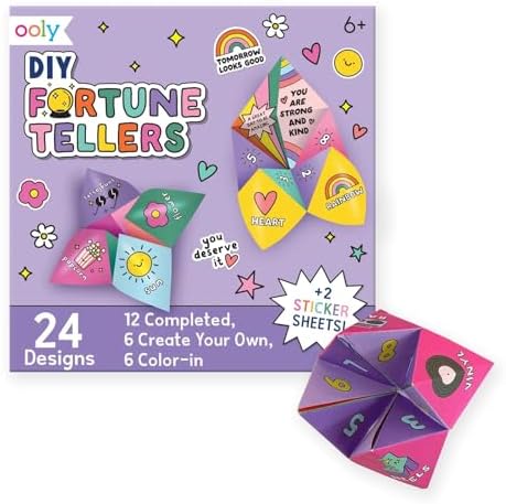 Ooly DIY Paper Kit, 24 Fortune Teller Designs & Stickers, Kit Includes 12 Completed, 6 Blank and 6 Color-in Folding Fortune Teller, Great Summer Arts & Crafts Activities