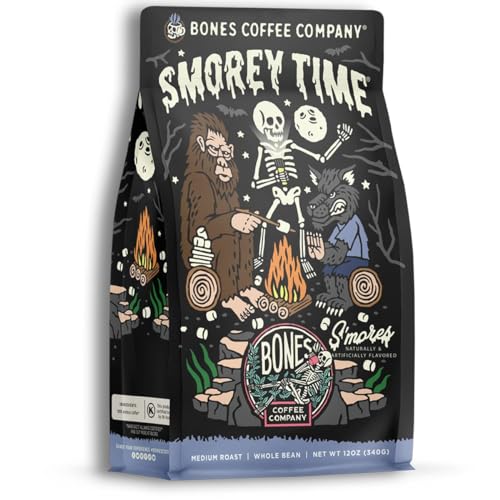 Bones Coffee Company Decaf S'morey Time Flavored Coffee Beans, Whole Bean Coffee Medium Roast Low Acid Decaffeinated, S'mores and Graham Crackers Flavor (12 oz)