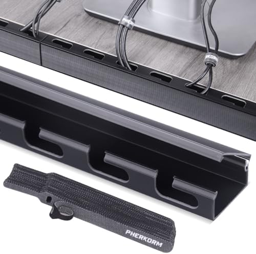 Cable Raceway Kit, PHERKORM Cable Management Under Desk, Integrated Connection Cover Cable Organizer, Cord Organizer for Hiding Computer, TV,Network - 6x15.4inch Black.
