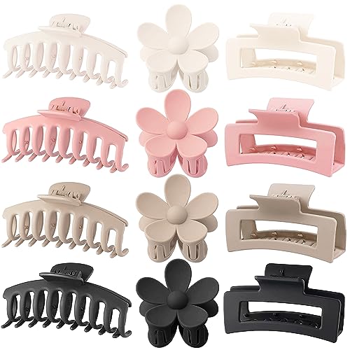 Large Hair Claw Clips 12 Pack Flower Hair Clips Big Claw Clips for Thick Hair, Big Hair Clips Square Matte Strong hold for Thin Hair, Cute Hair Clips for Women, 3 Styles Claw Hair Clips for Thick Hair