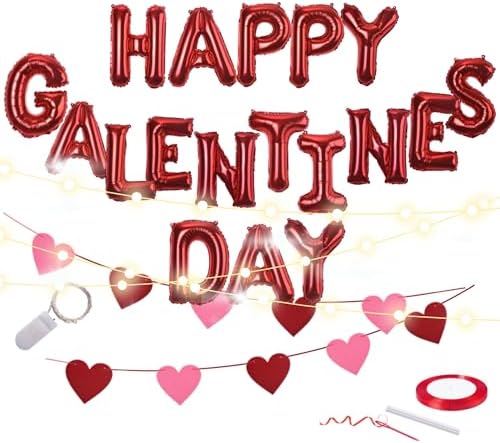 Galentine’s Day Party Decorations – Happy Galentine’s Day Décor Banner Set, BIG 16" Letters Balloons, Felt Heart Banner, Fairy Light, and Games & Invitation PDF for Valentine's Day