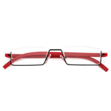 REAVEE Stylish Half Frame Reading Glasses for Women Ladies, Half Lens Lightweight Rectangle Metal Portable Readers with Cases, (Red +2.5)