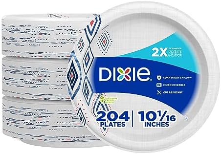 Dixie Large Paper Plates, 10 Inch, 204 Count, 2X Stronger, Microwave-Safe, Soak-Proof, Cut Resistant, Disposable Plates For Everyday Breakfast, Lunch, & Dinner Meals