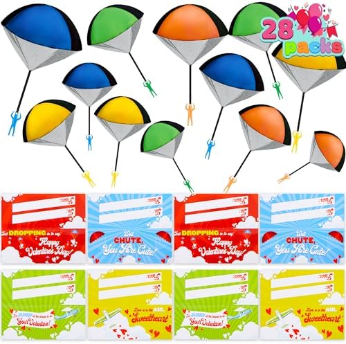 JOYIN 28 Pack Valentine's Day Parachute Toy with Cards, Army Soldiers Guys, No Battery Throwing Hand Toy for Kids Party Favor, Valentine’s Greeting Cards for Boys Girls